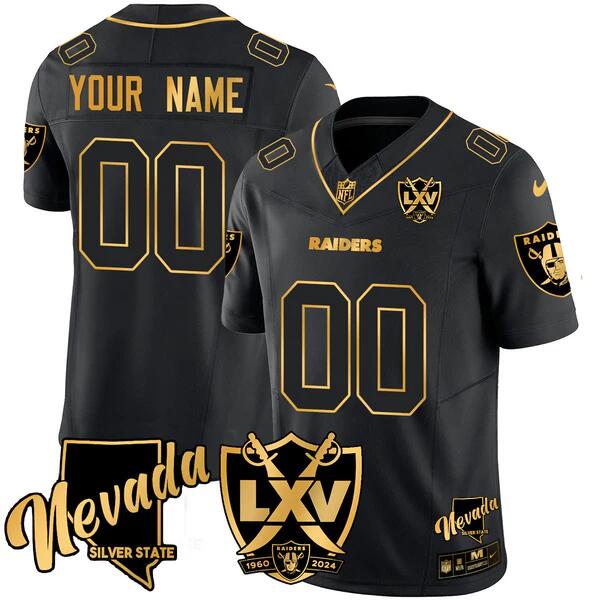 Men's Las Vegas Raiders Active Player Custom Black Golden 2024 F.U.S.E With 65th Anniversary Patch Stitched Football Jersey